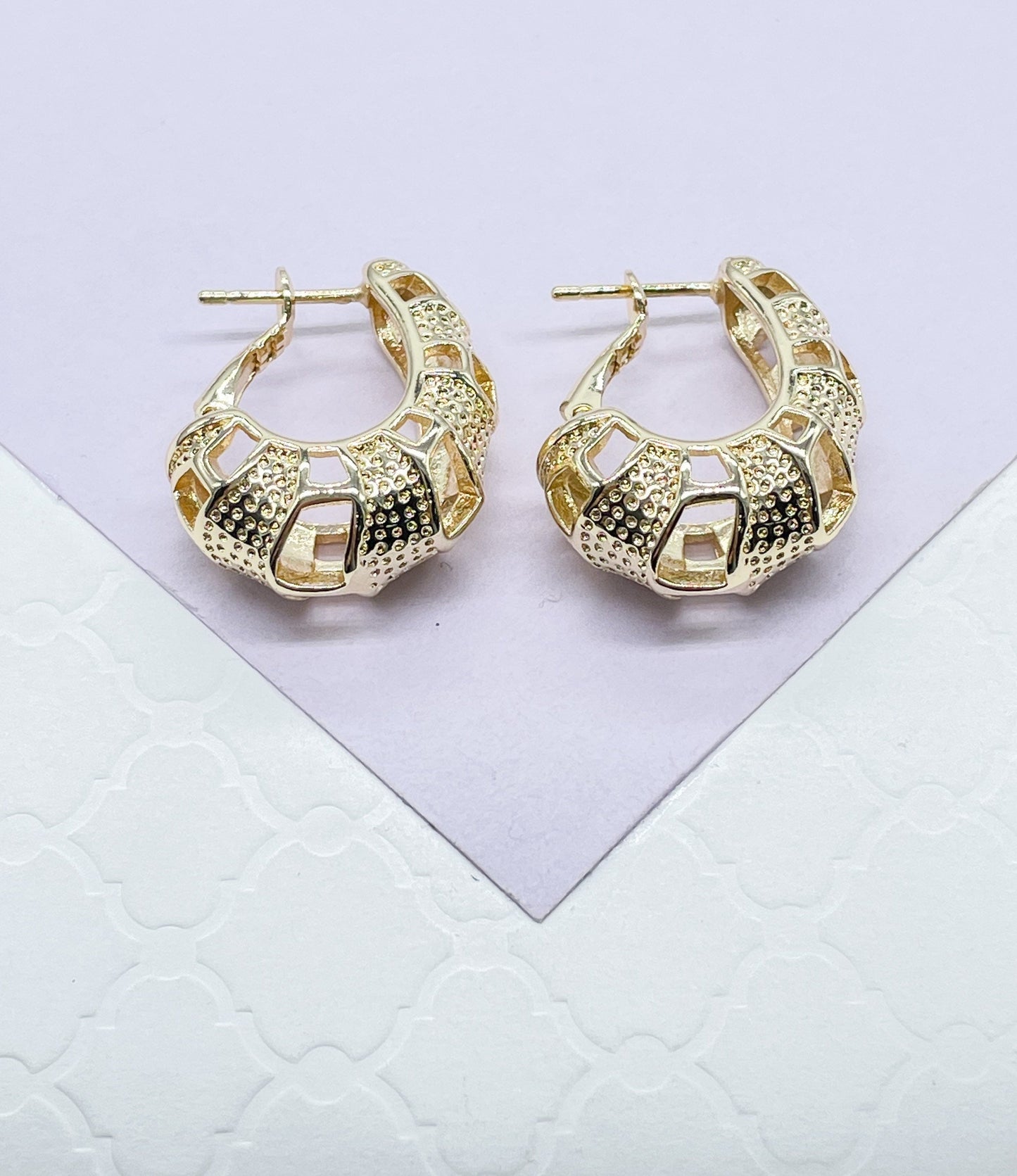 18k Gold Filled Drop Style Earrings With Engraved Patterns
