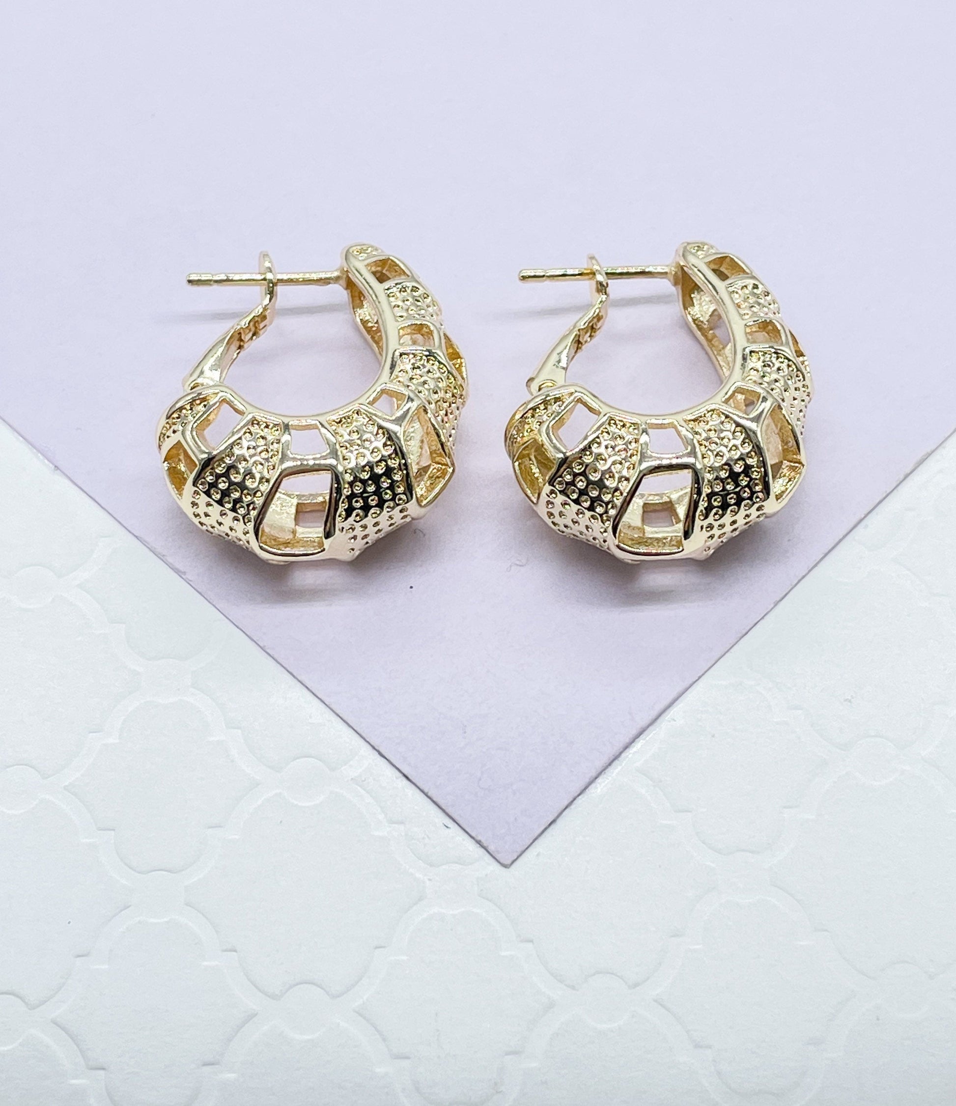18k Gold Filled Drop Style Earrings With Engraved Patterns