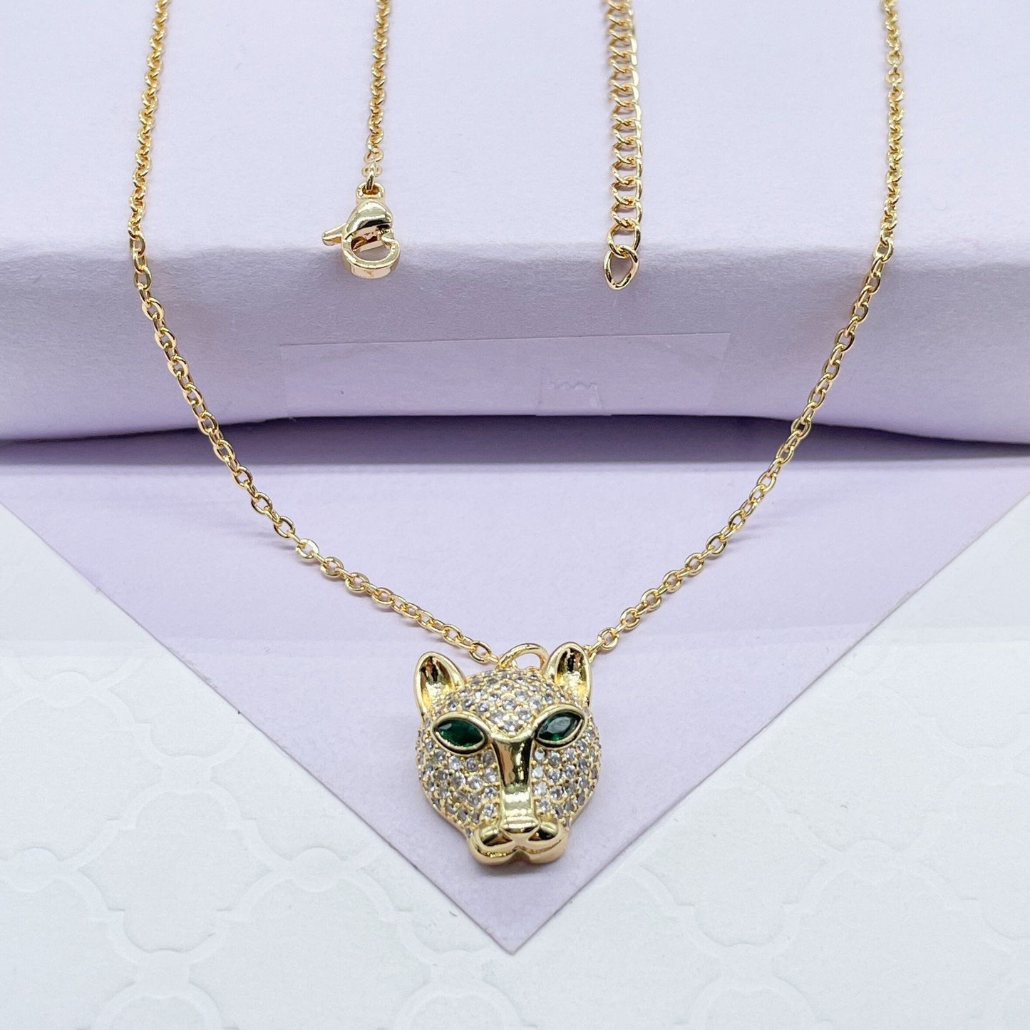 18k Gold Filled Large Panther Charm Necklace With Curb Chain