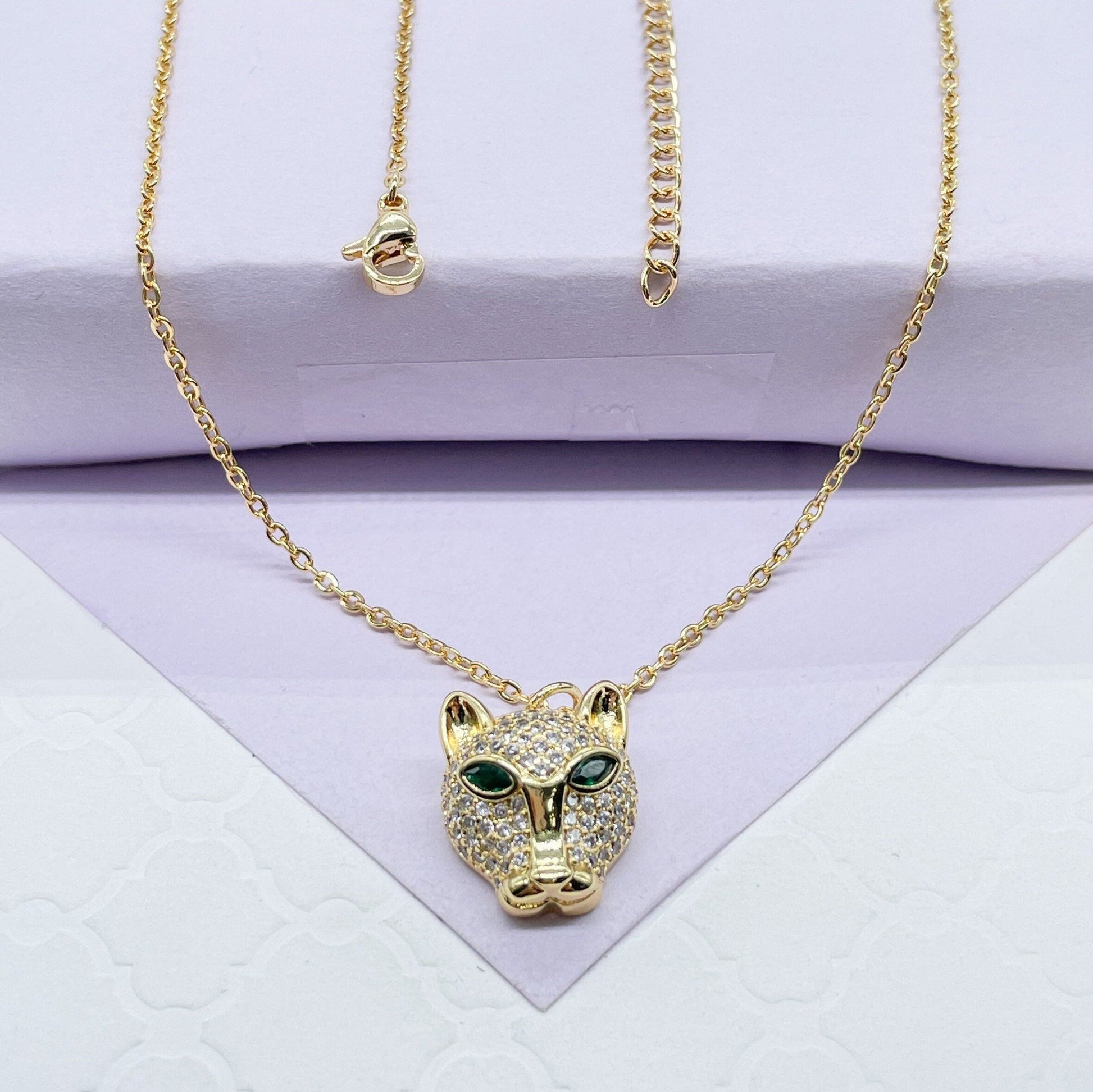 18k Gold Filled Large Panther Charm Necklace With Curb Chain