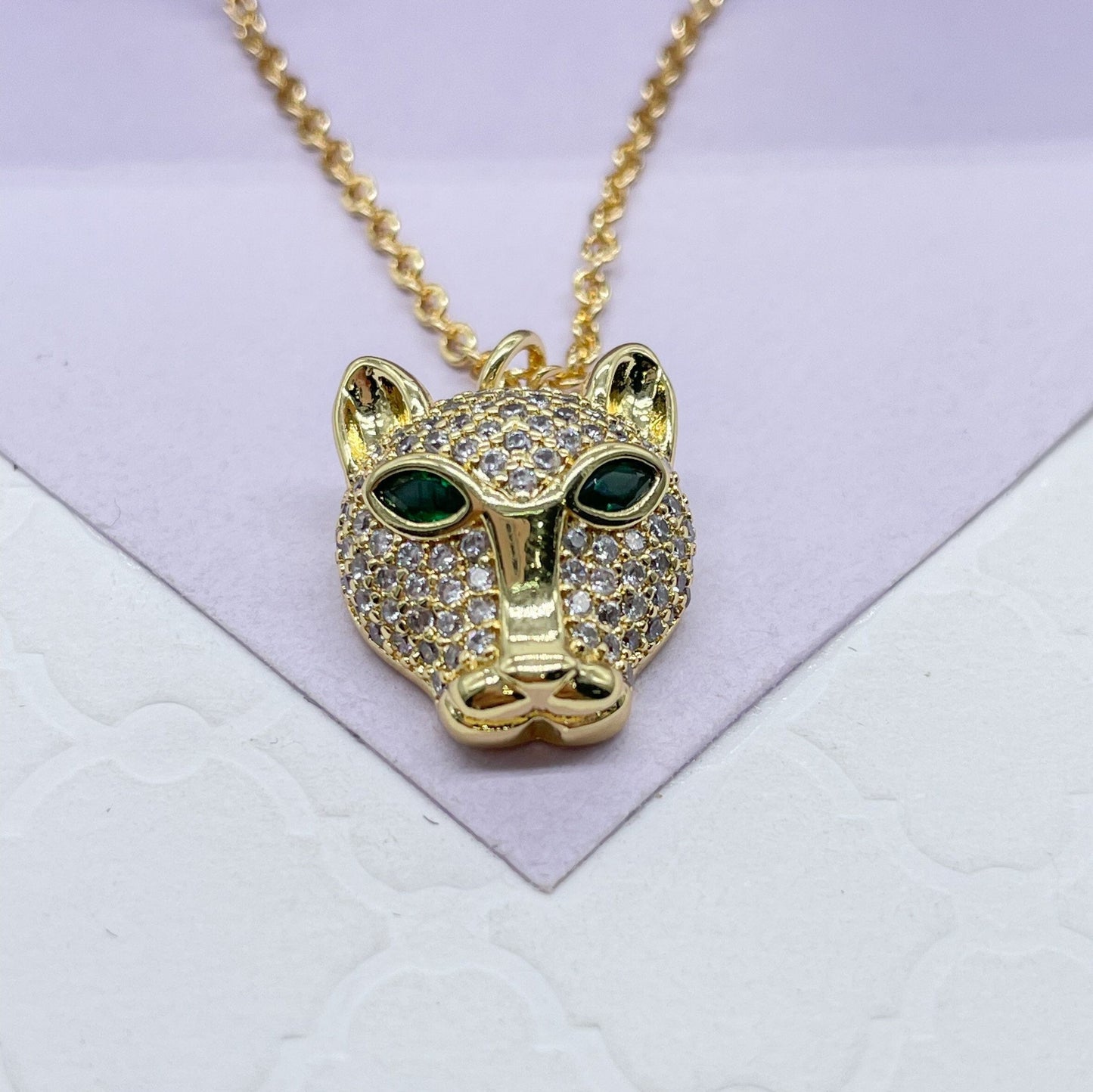 18k Gold Filled Large Panther Charm Necklace With Curb Chain