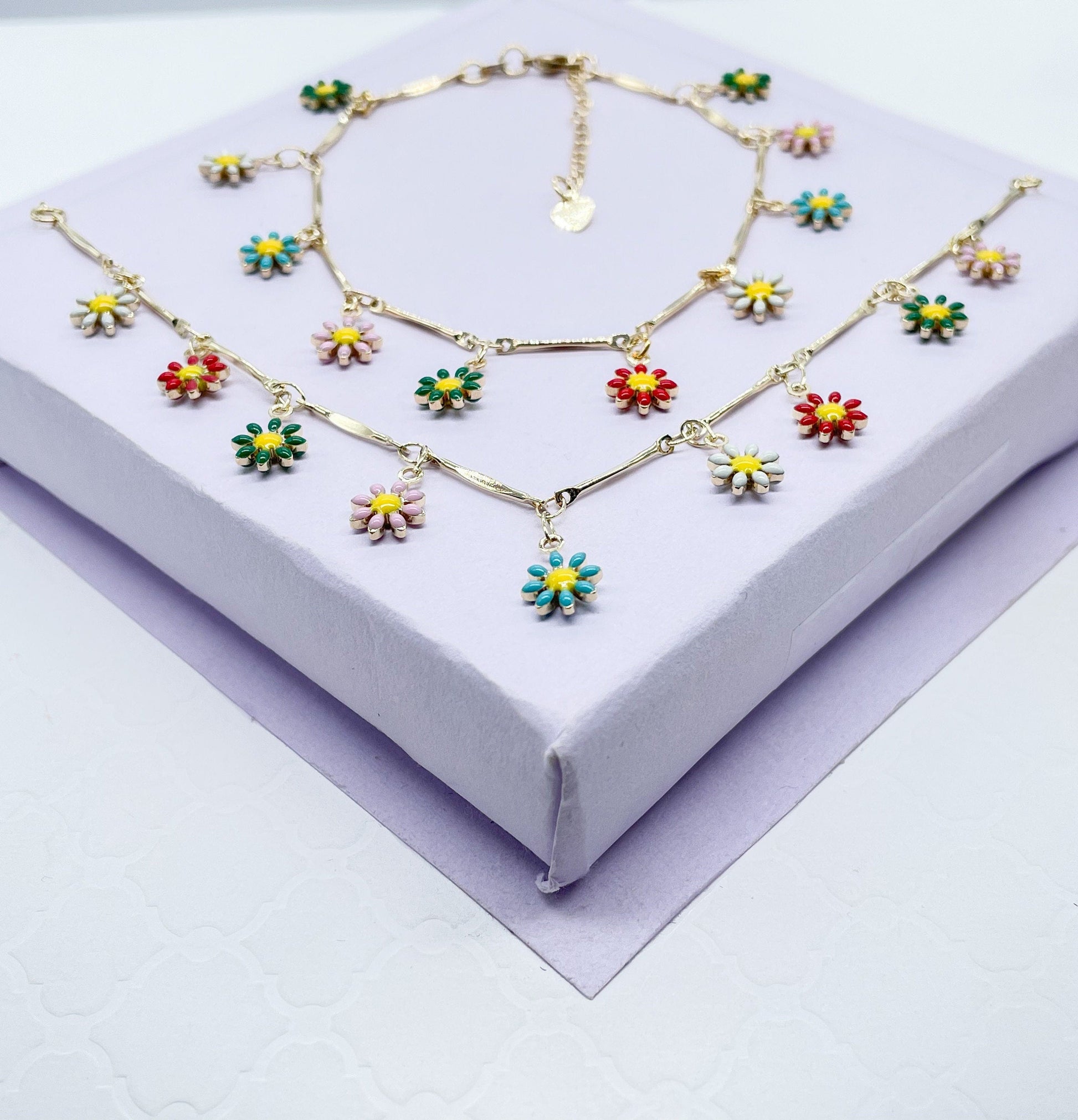 18k Gold Filled Colorful Enamel Flower Set