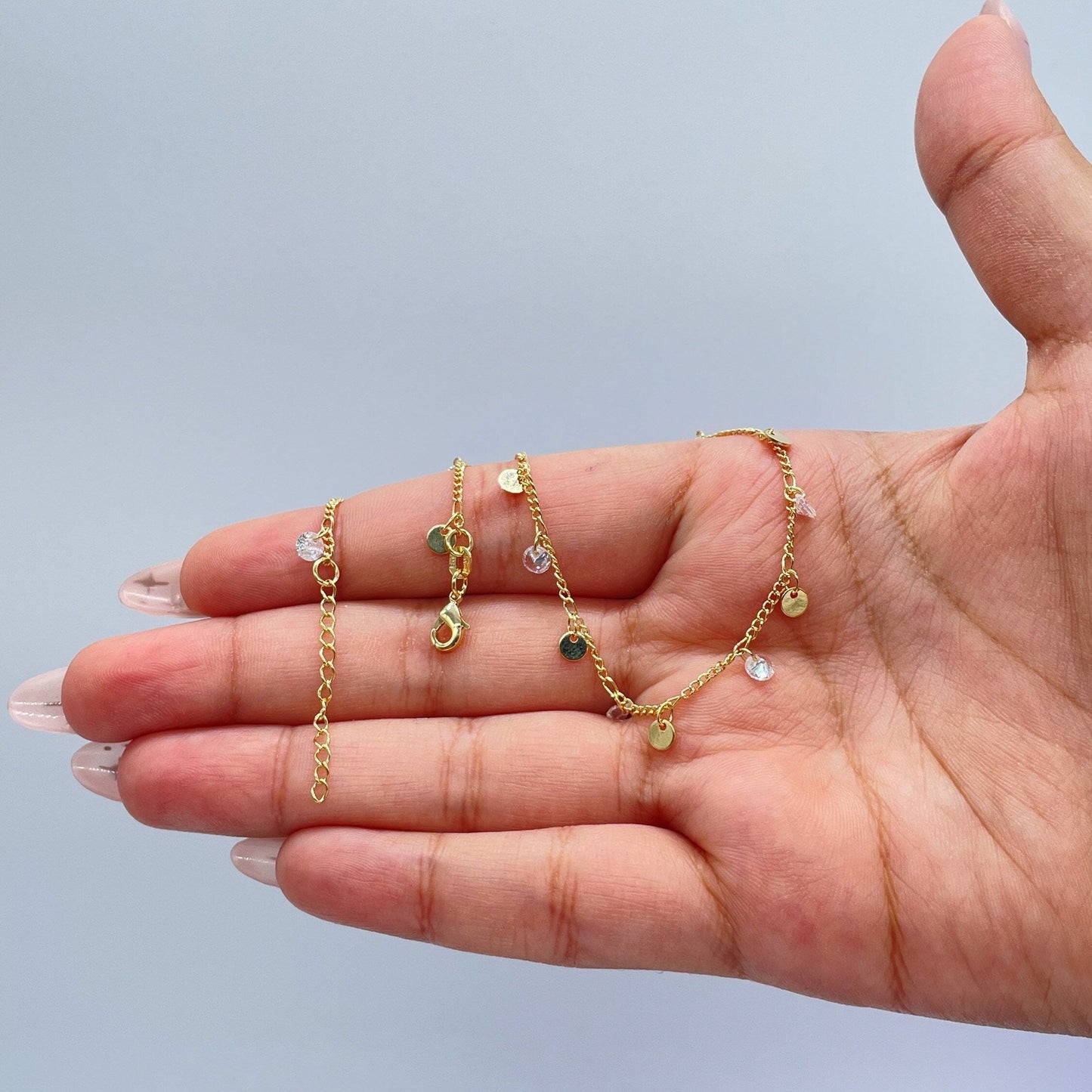 18k Gold Filled Figaro Chain Anklet With Plain Discs And CZ Stones