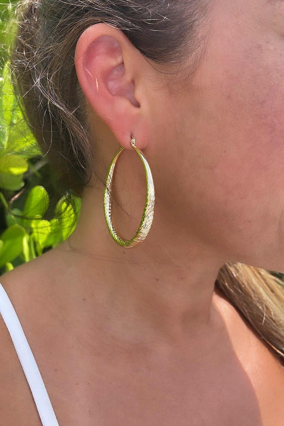 18k Gold Filled Ocean Wave Textured Hoop Earrings 50 mm Diameter