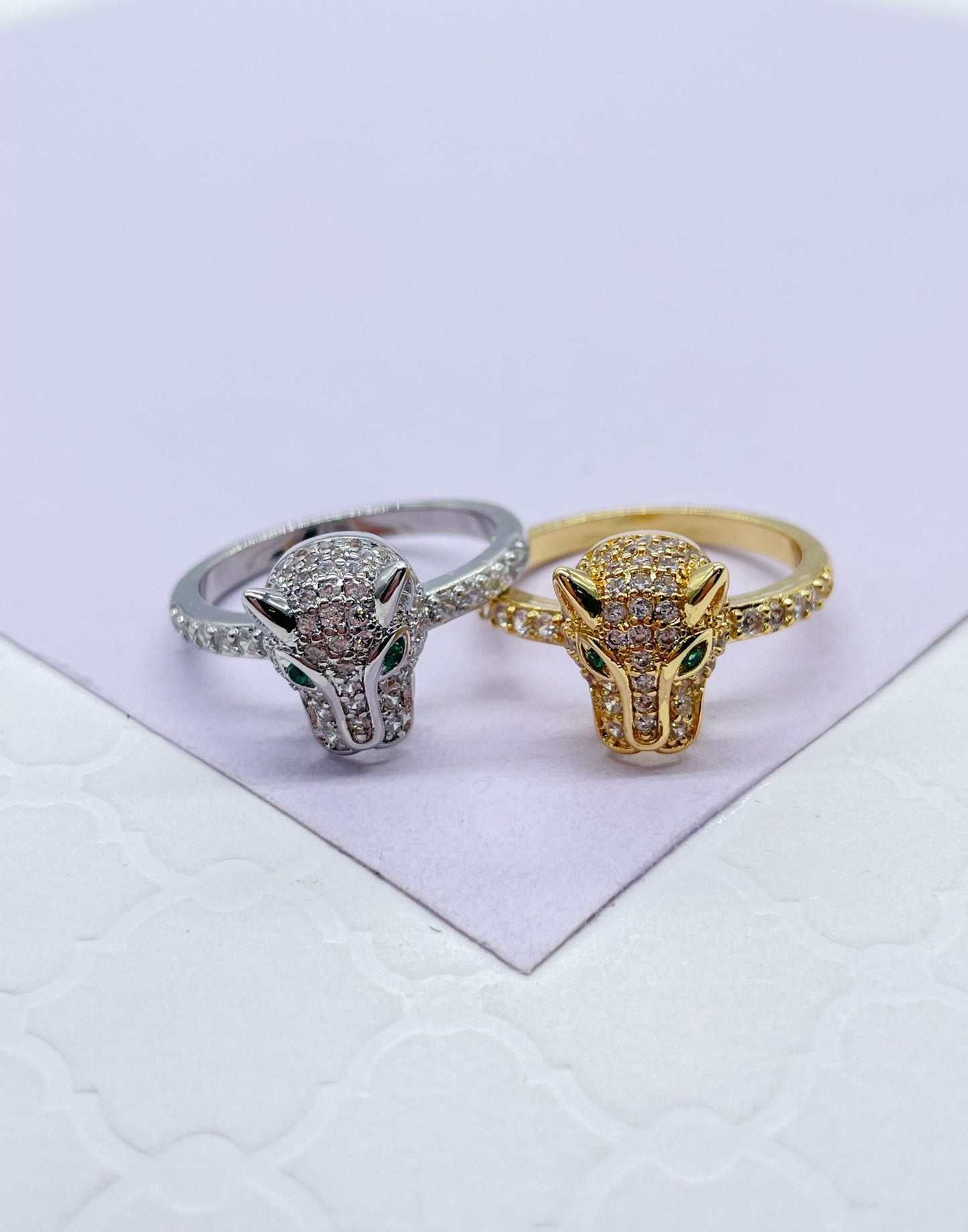 18k Gold Filled Zirconia Panther Ring With Emerald colored Eyes