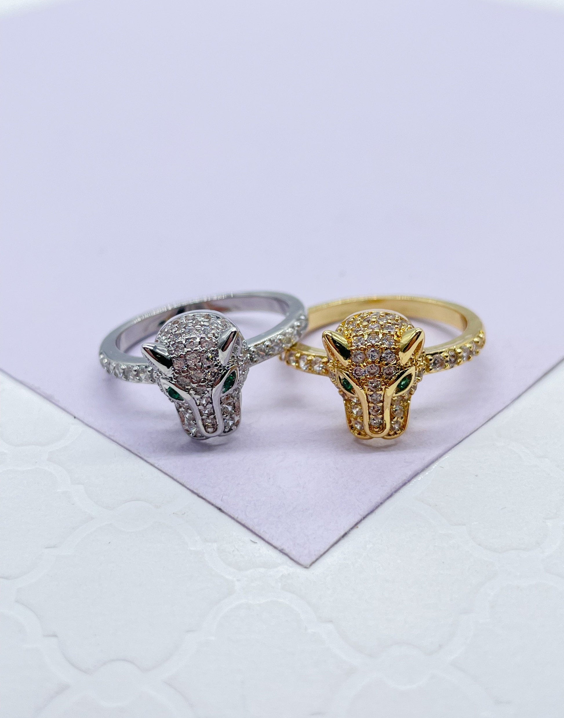 18k Gold Filled Zirconia Panther Ring With Emerald colored Eyes