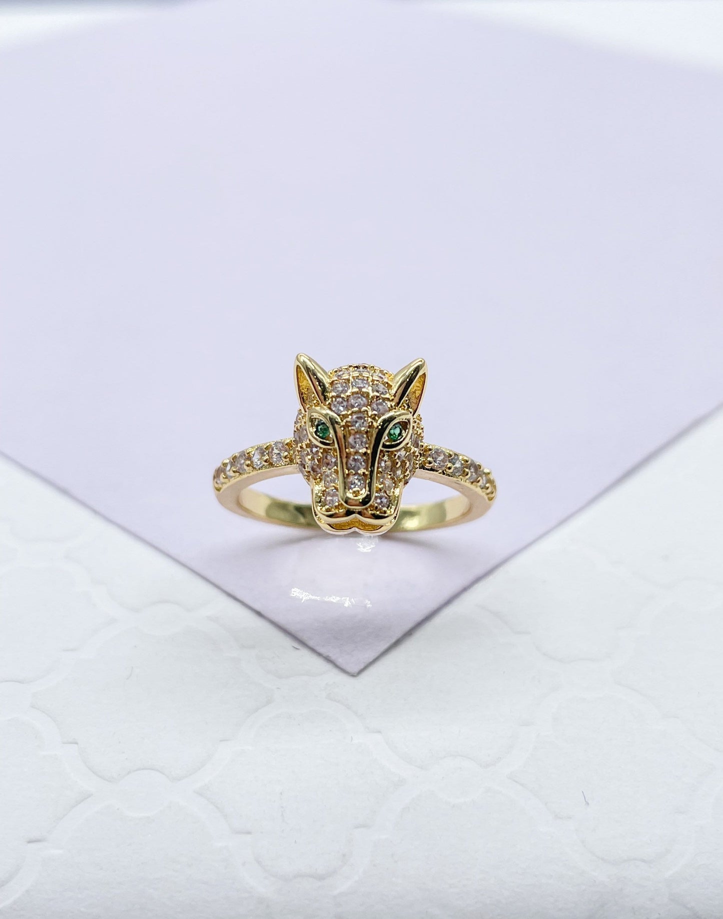 18k Gold Filled Zirconia Panther Ring With Emerald colored Eyes