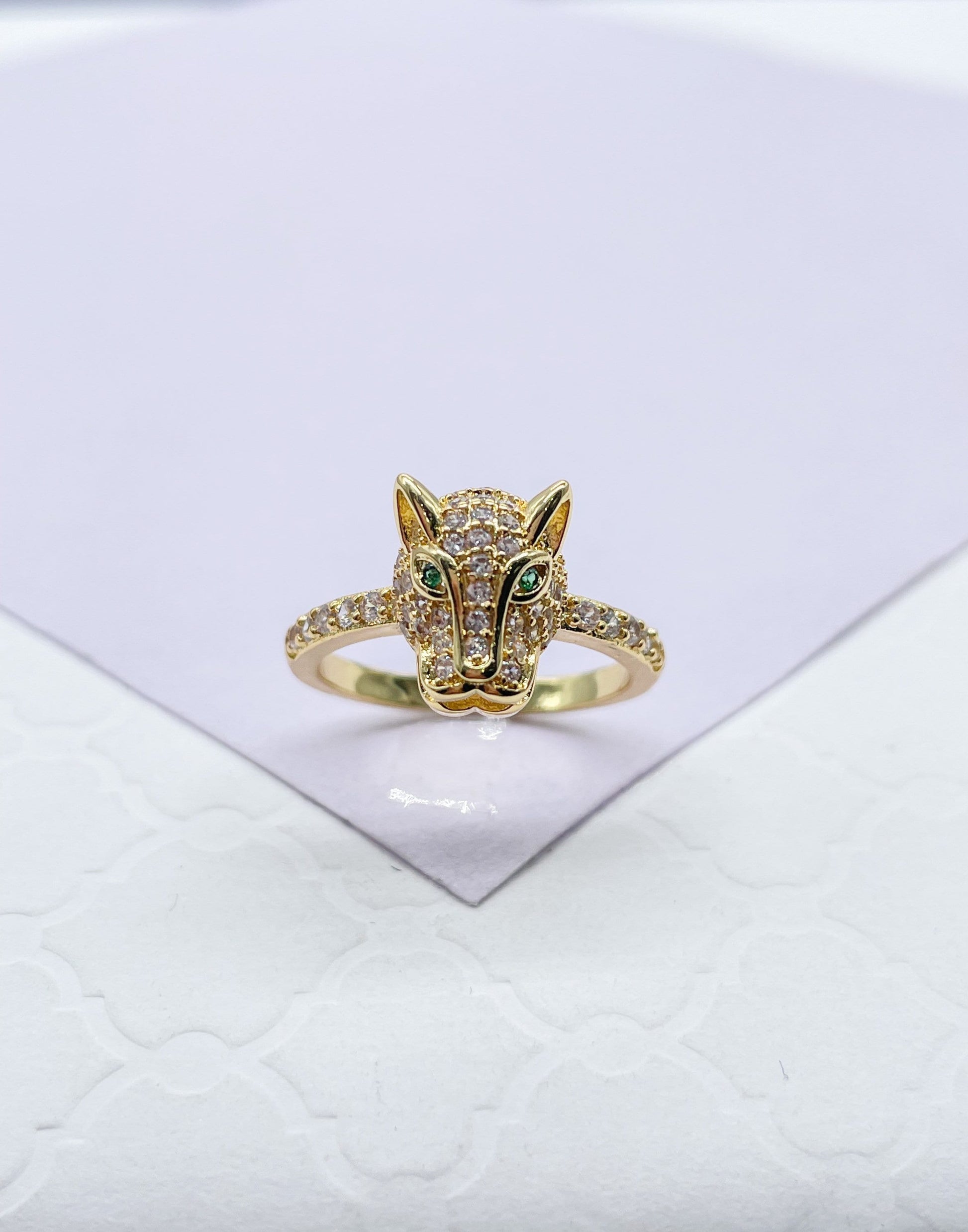 18k Gold Filled Zirconia Panther Ring With Emerald colored Eyes