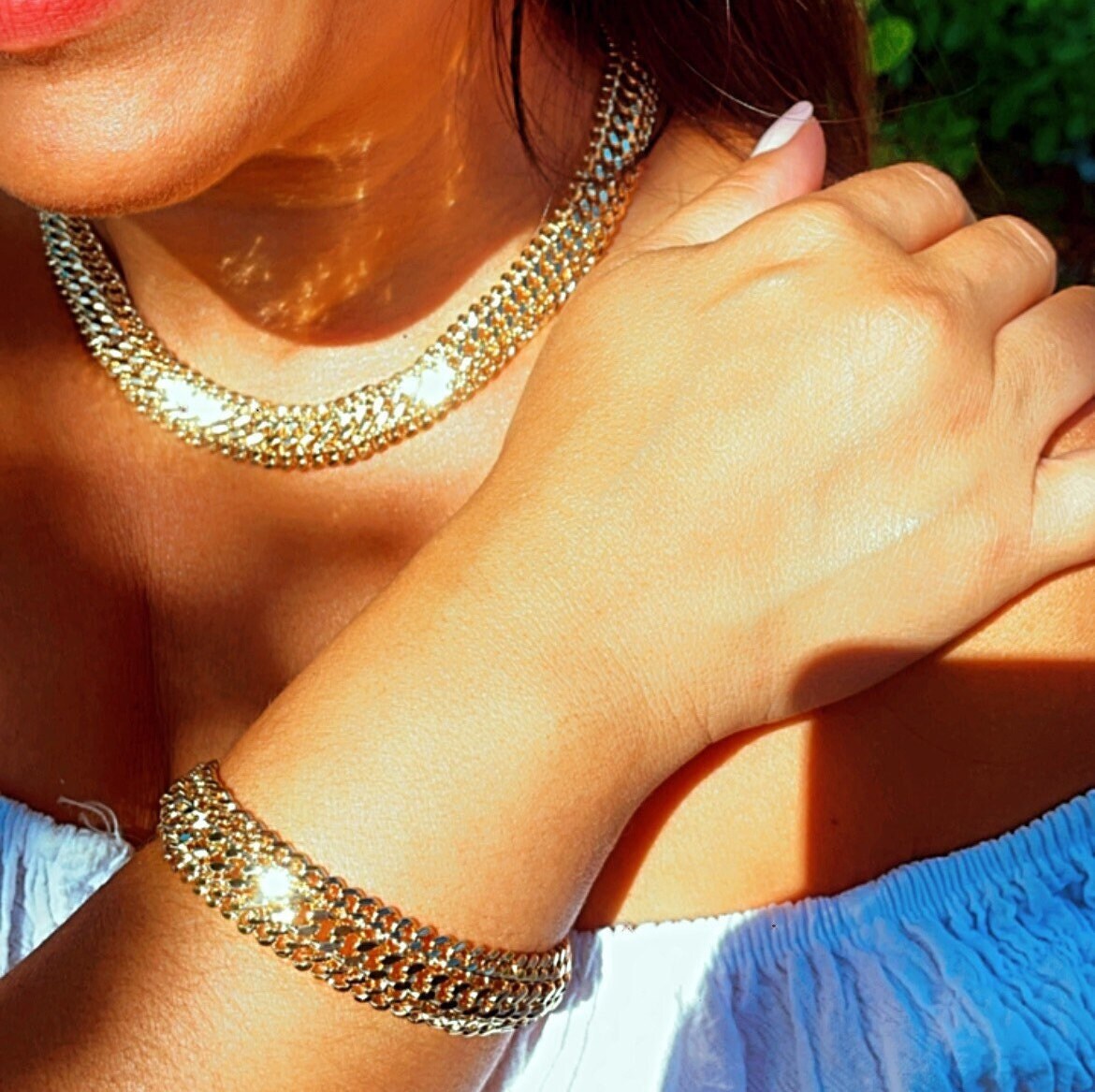 18k Gold Filled Thick Plain Cuban Link Fancy Set