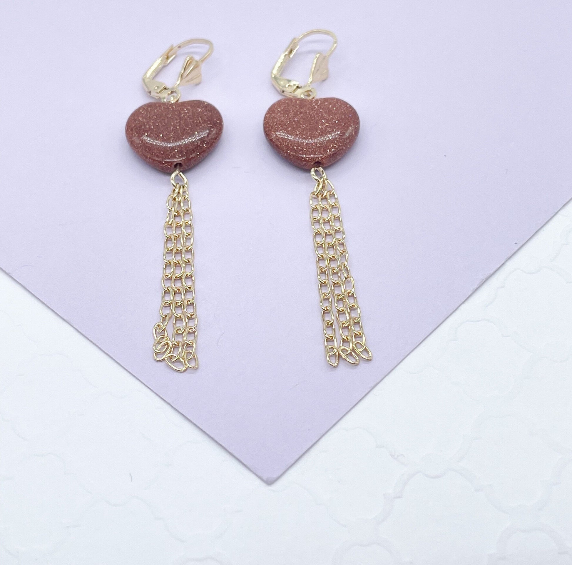 18k Gold Filled Heart Shaped Venturina Drop Earrings, Goldstone Earrings, Brown Stone Earrings
