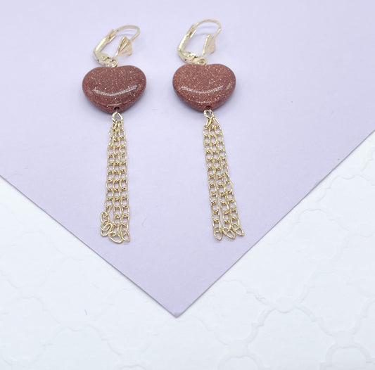 18k Gold Filled Heart Shaped Venturina Drop Earrings, Goldstone Earrings, Brown Stone Earrings