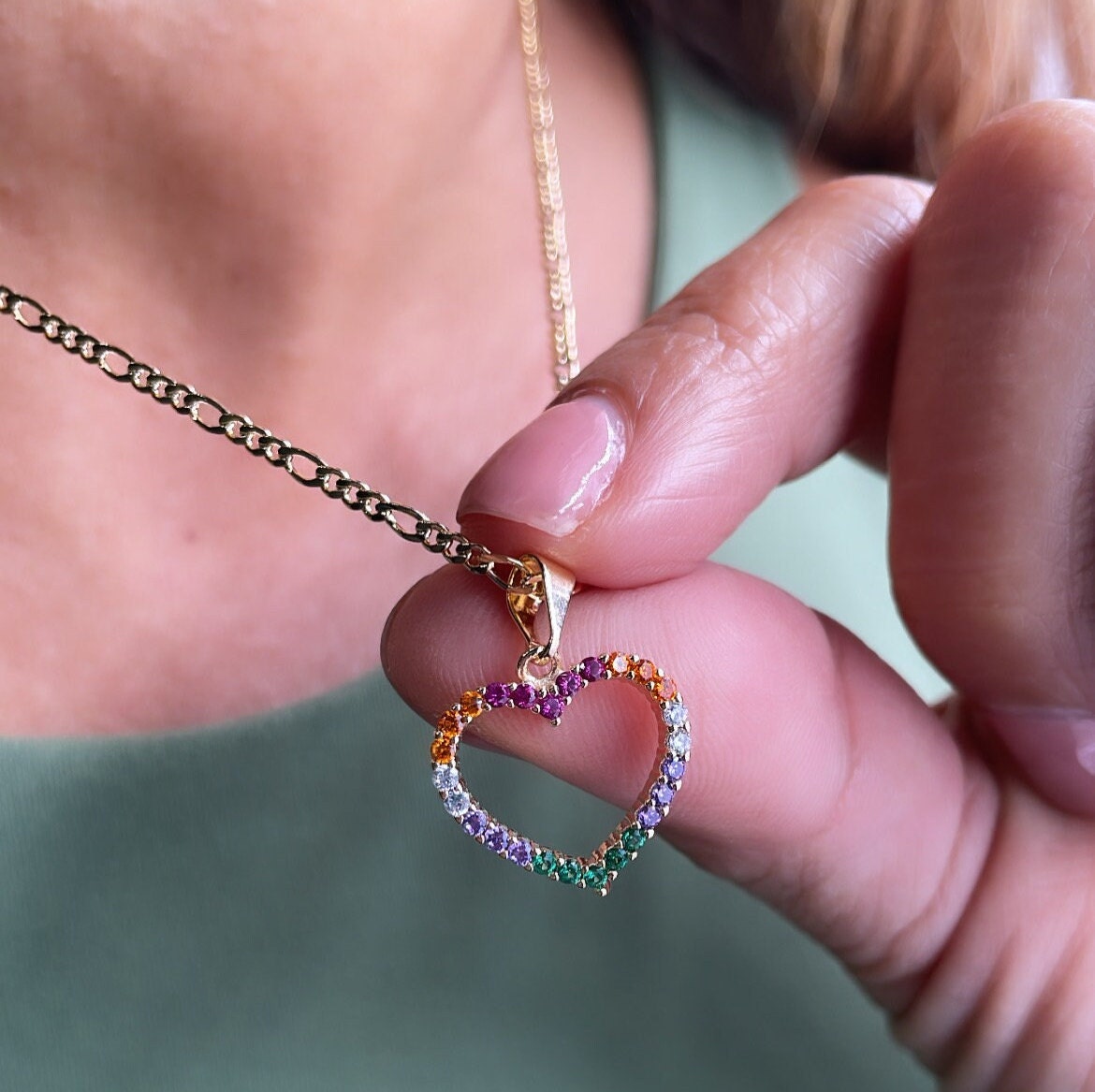 18k Gold Filled Colorful Pendant, Rainbow Cz Heart Pendant