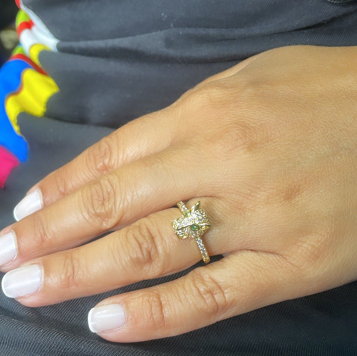18k Gold Filled Zirconia Panther Ring With Emerald colored Eyes