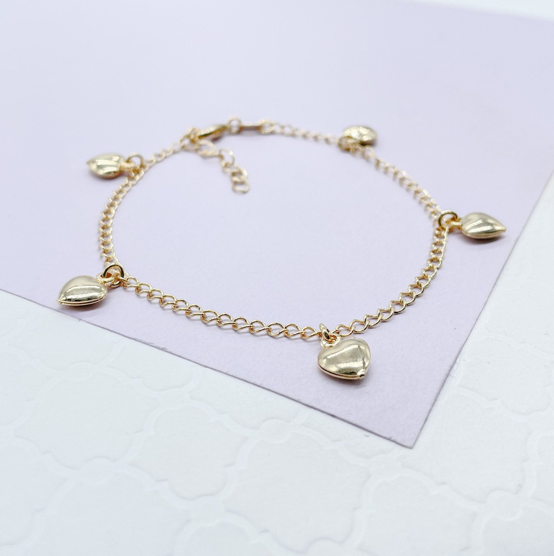 18k Gold Filled Curb Link Plain Bracelet With Heart Charm