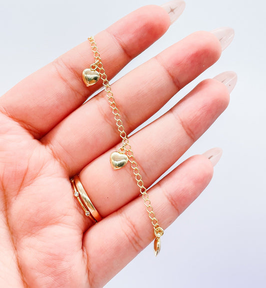 18k Gold Filled Curb Link Plain Bracelet With Heart Charm