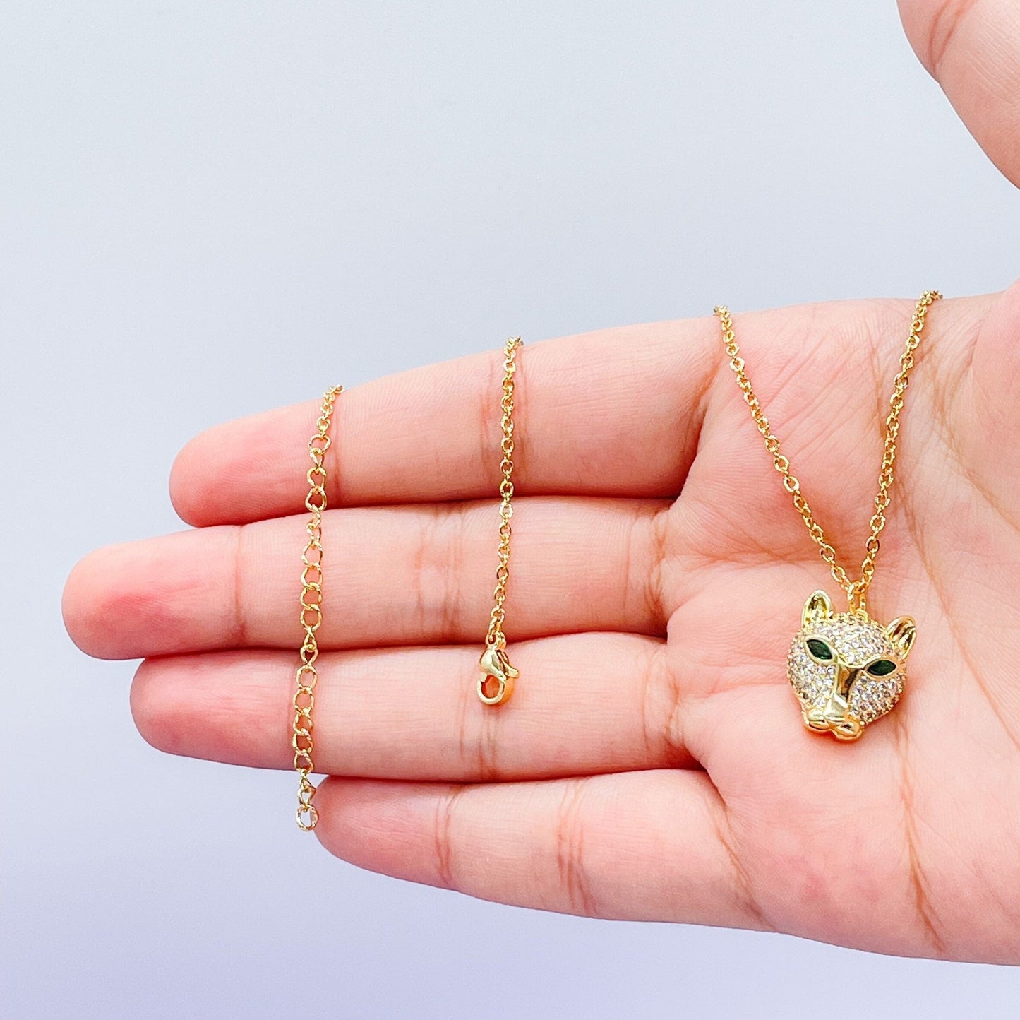 18k Gold Filled Large Panther Charm Necklace With Curb Chain