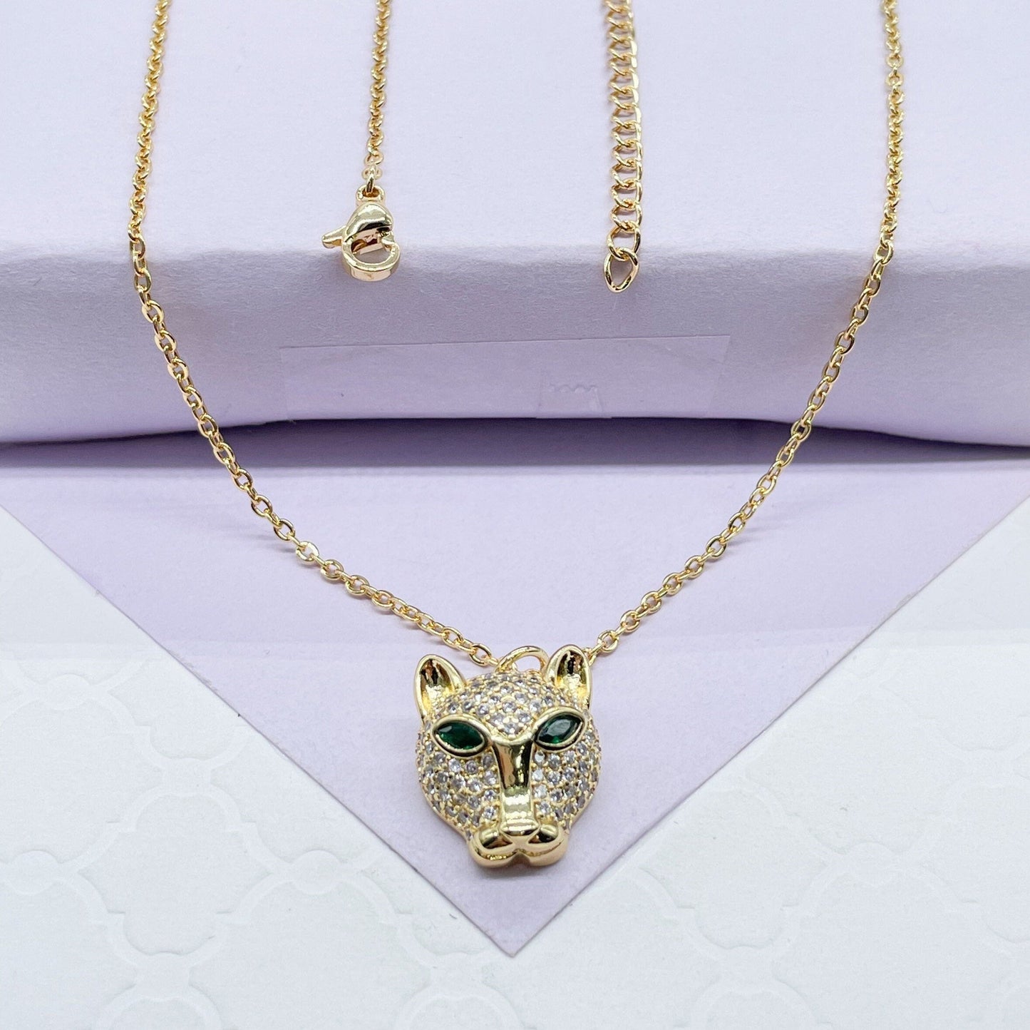 18k Gold Filled Large Panther Charm Necklace With Curb Chain