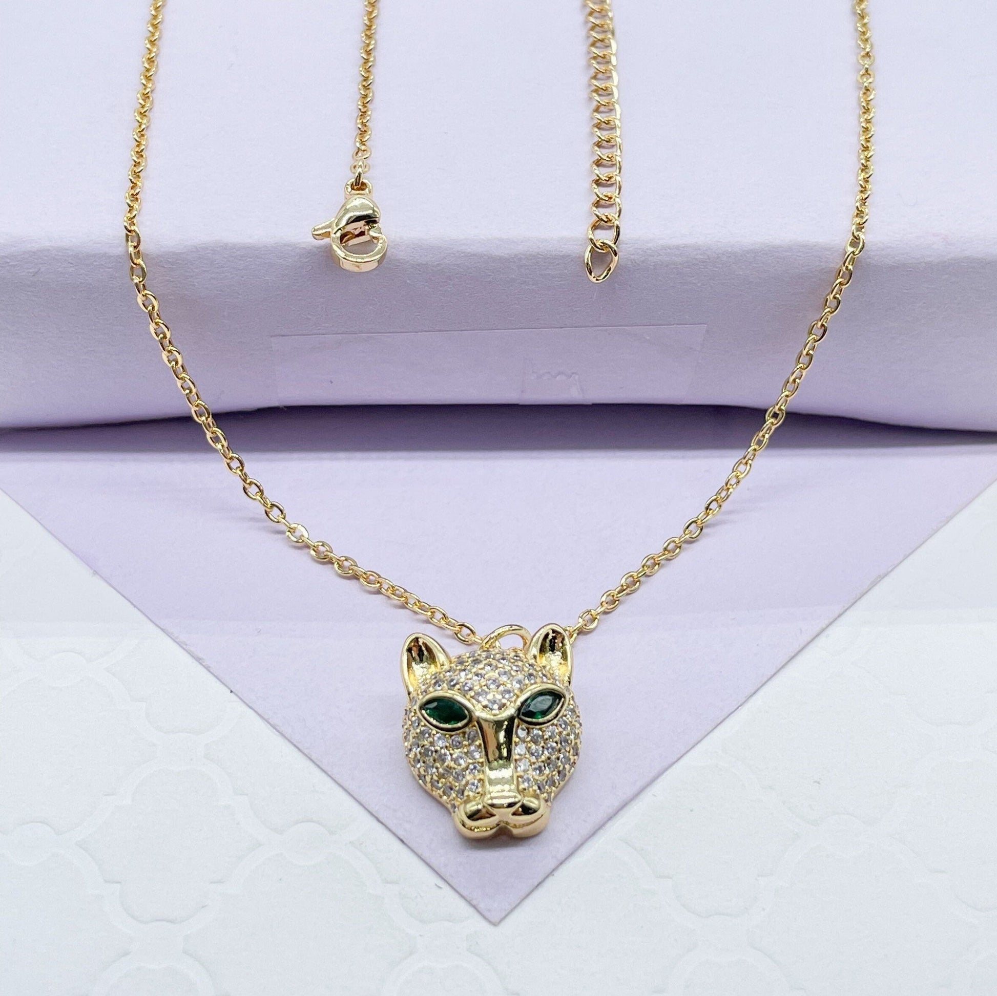 18k Gold Filled Large Panther Charm Necklace With Curb Chain