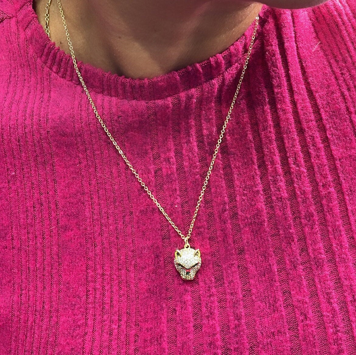 18k Gold Filled Large Panther Charm Necklace With Curb Chain