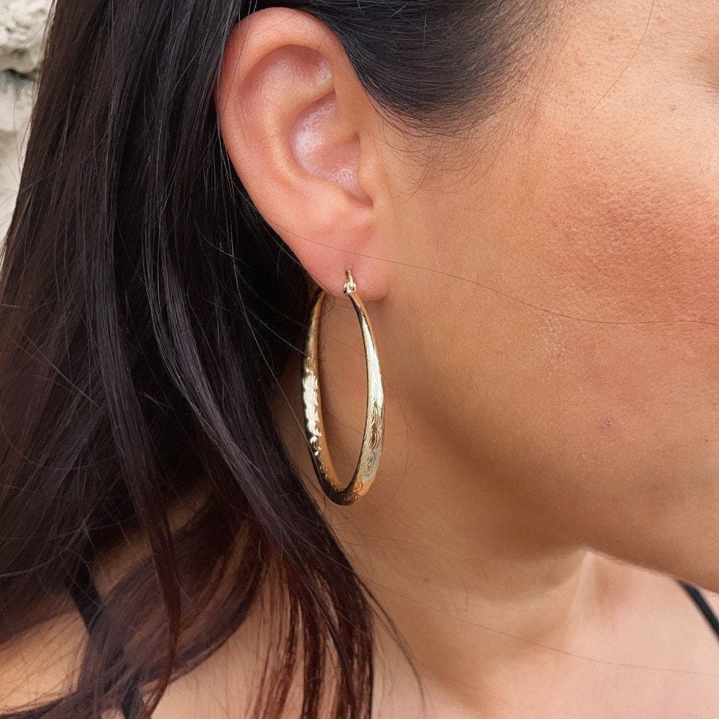 18k Gold Filled Hoop Earrings: Ocean Wave Texture, 50mm