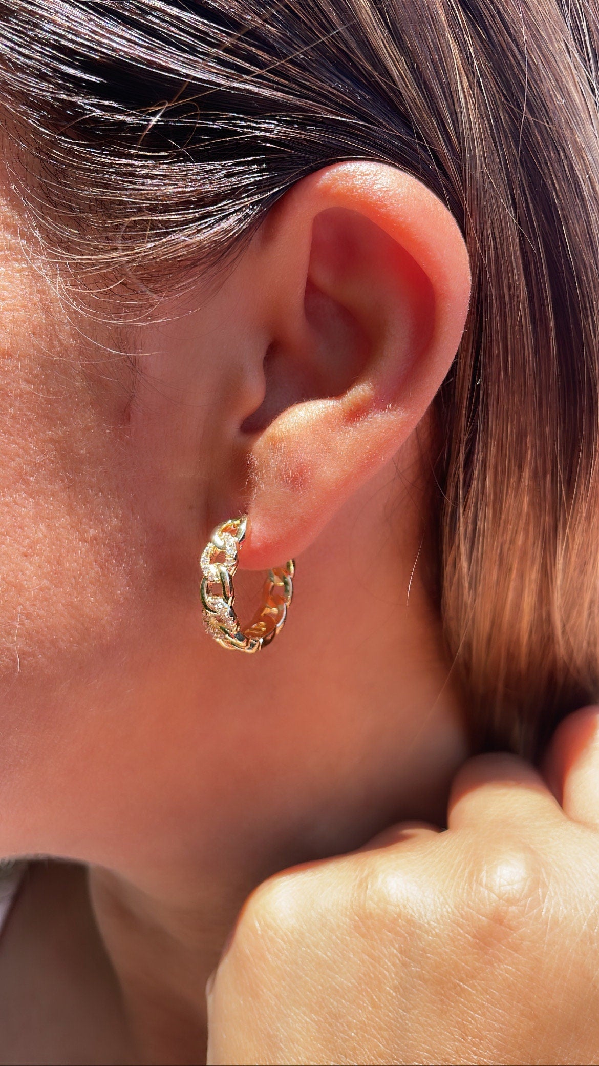 18k Gold Filled Chain Link Huggie Earring With CZ Stones