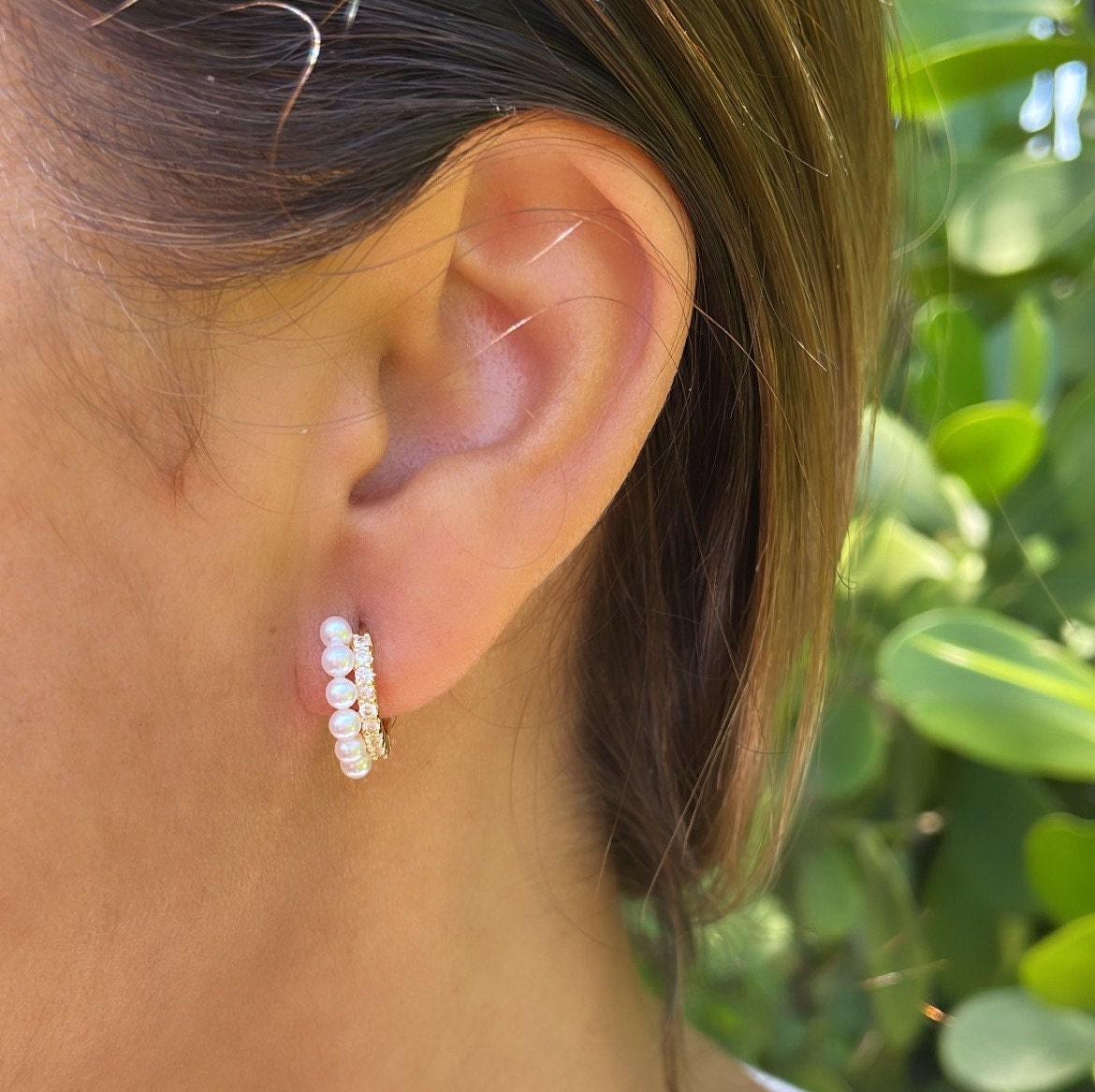 18k Gold Filled Dual Rowed Pearl And CZ Pave Hoop Earring