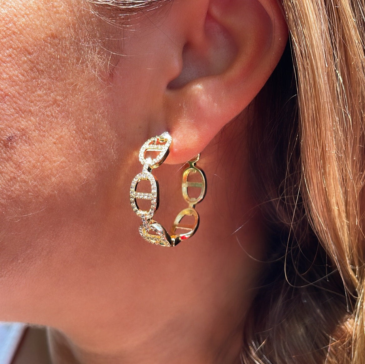 18k Gold Filled Open Link Mariner Link Earring With Pave Stones