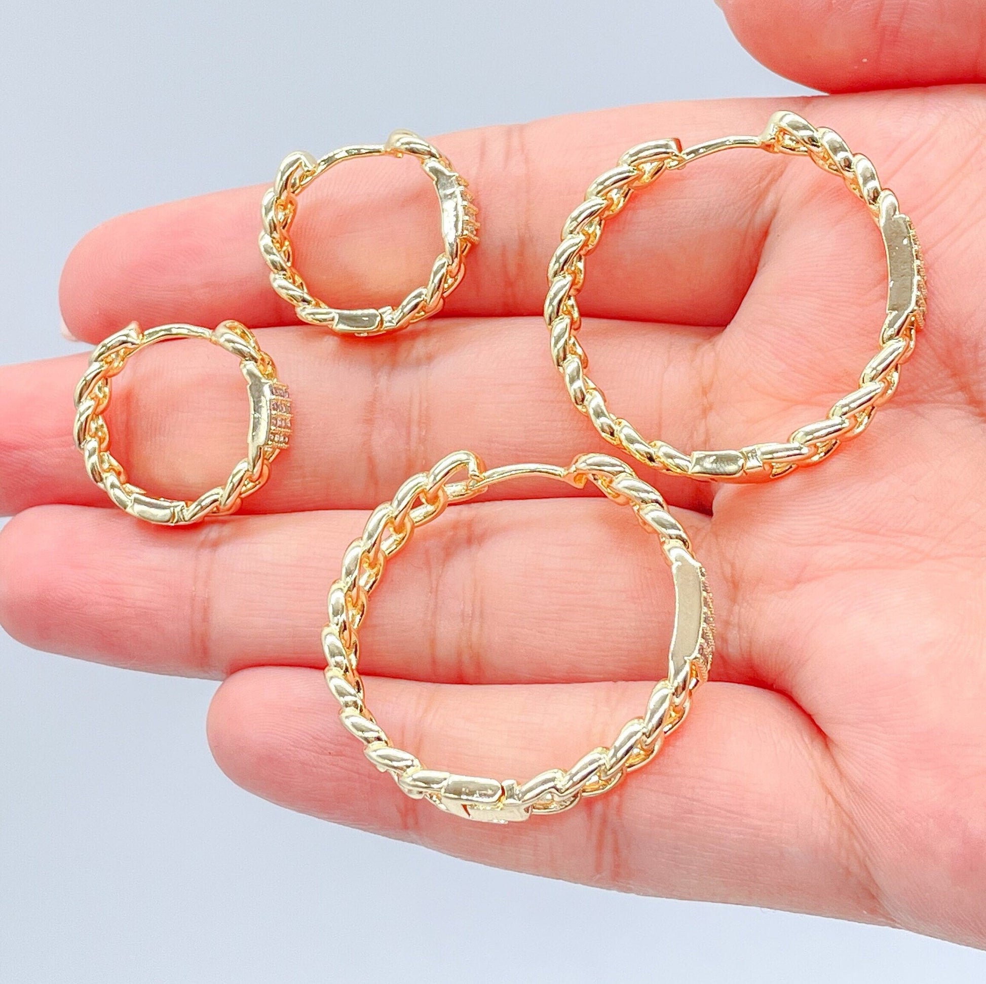 18k Gold Filled Plain Curb Link Hoop With Patterned CZ Pave Cube