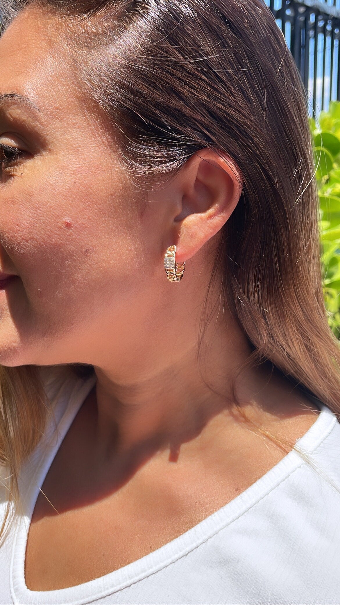 18k Gold Filled Plain Curb Link Hoop With Patterned CZ Pave Cube