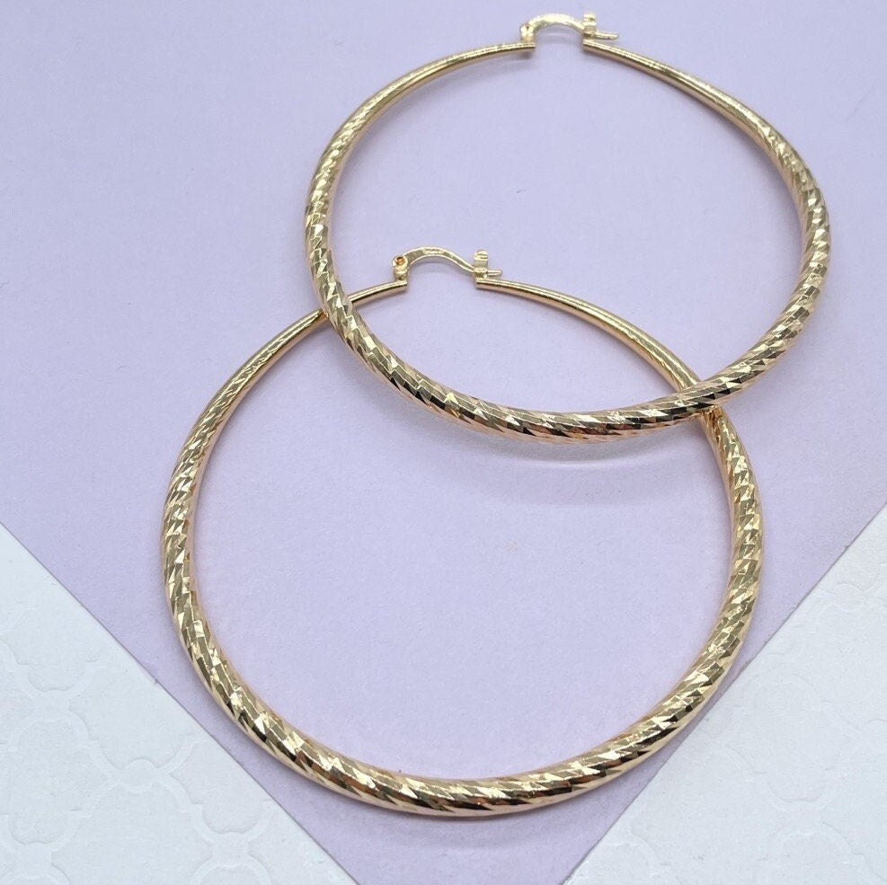 18k Gold Filled Hoop Earrings: Ocean Wave Texture, 50mm
