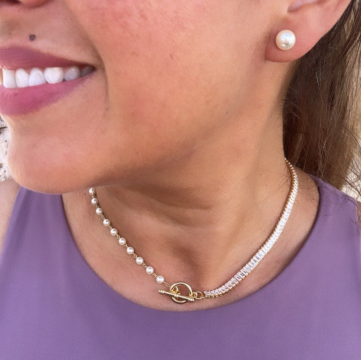 18k Gold Filled Half Baguette Tennis & Half Pearl Necklace Chain Choker