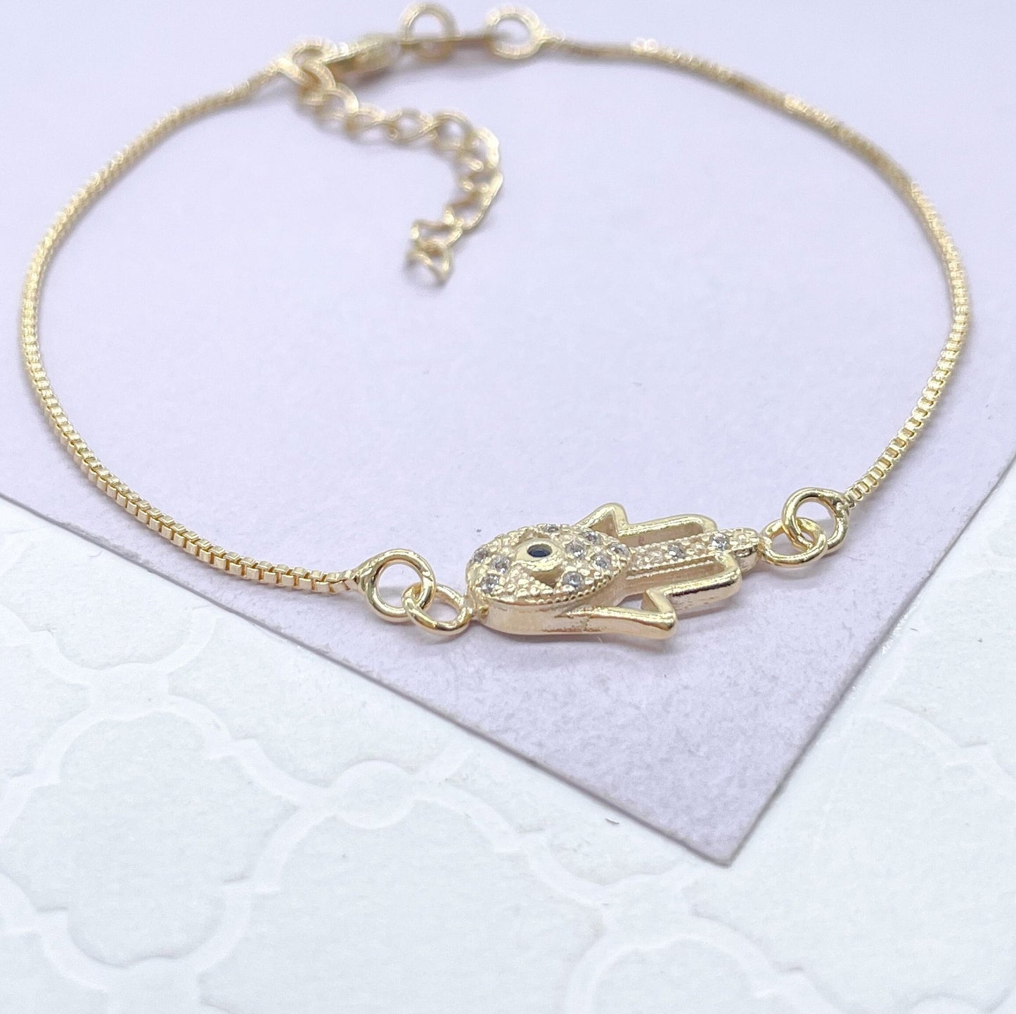 18k Gold Filled Dainty Box Chain Bracelet with CZ Hamza Hand Charm