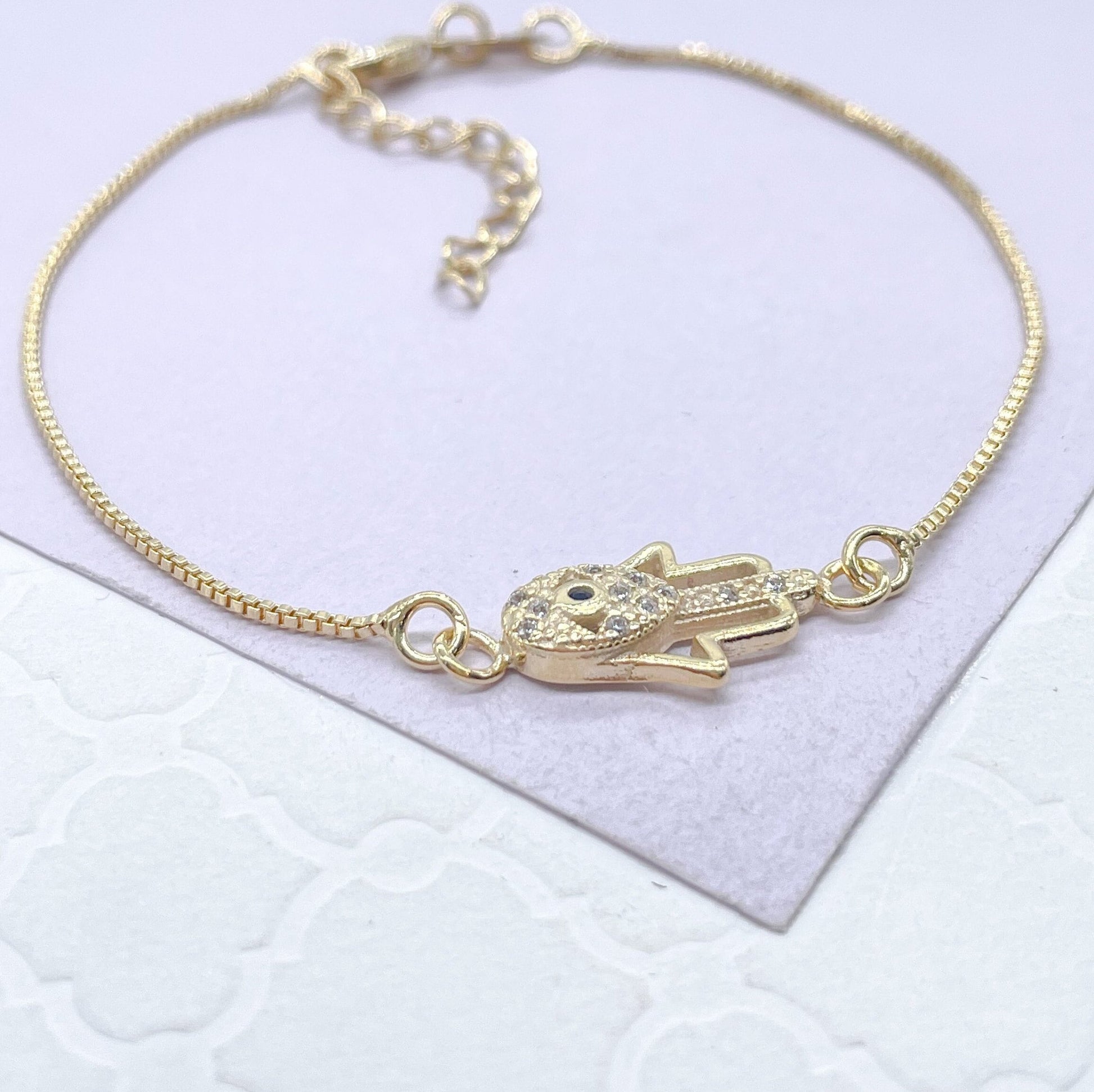 18k Gold Filled Dainty Box Chain Bracelet with CZ Hamza Hand Charm