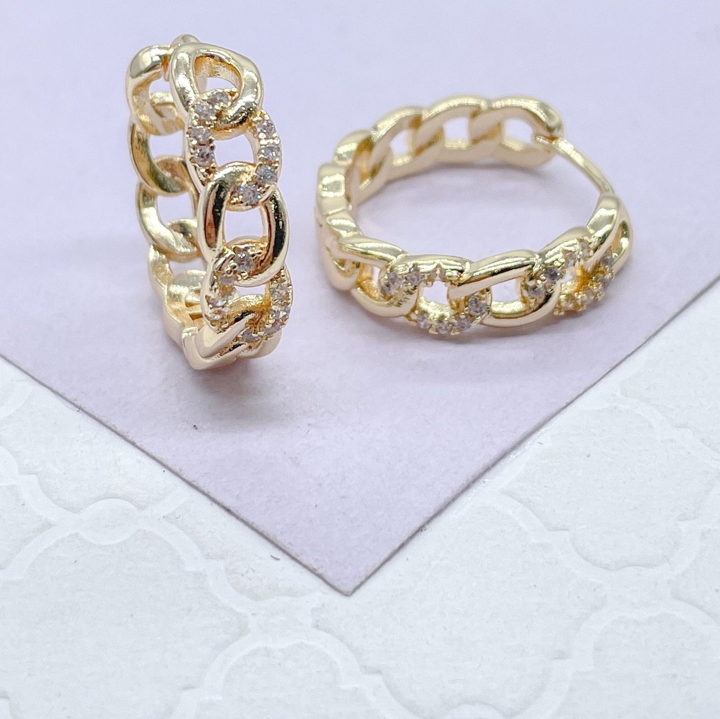 18k Gold Filled Chain Link Huggie Earring With CZ Stones