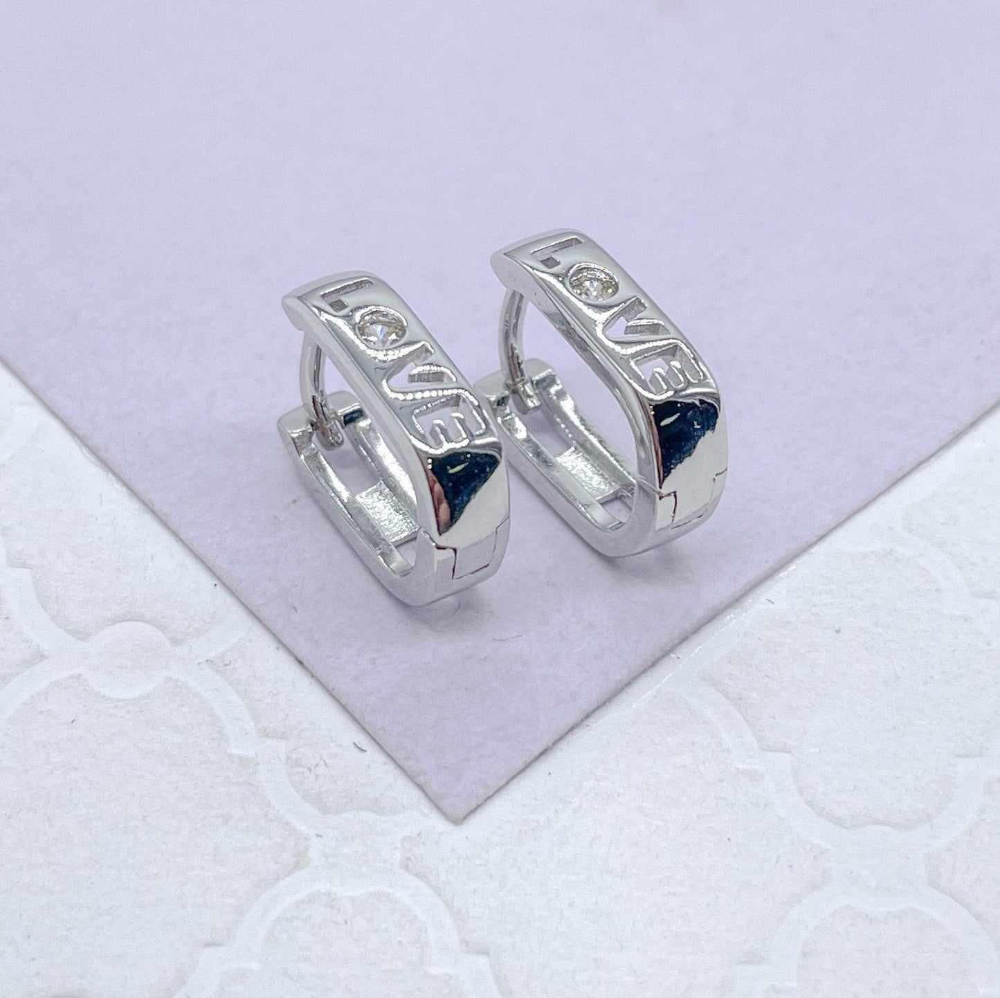 18k Gold Filled & Silver Filled Small “Love” Square Hoop
