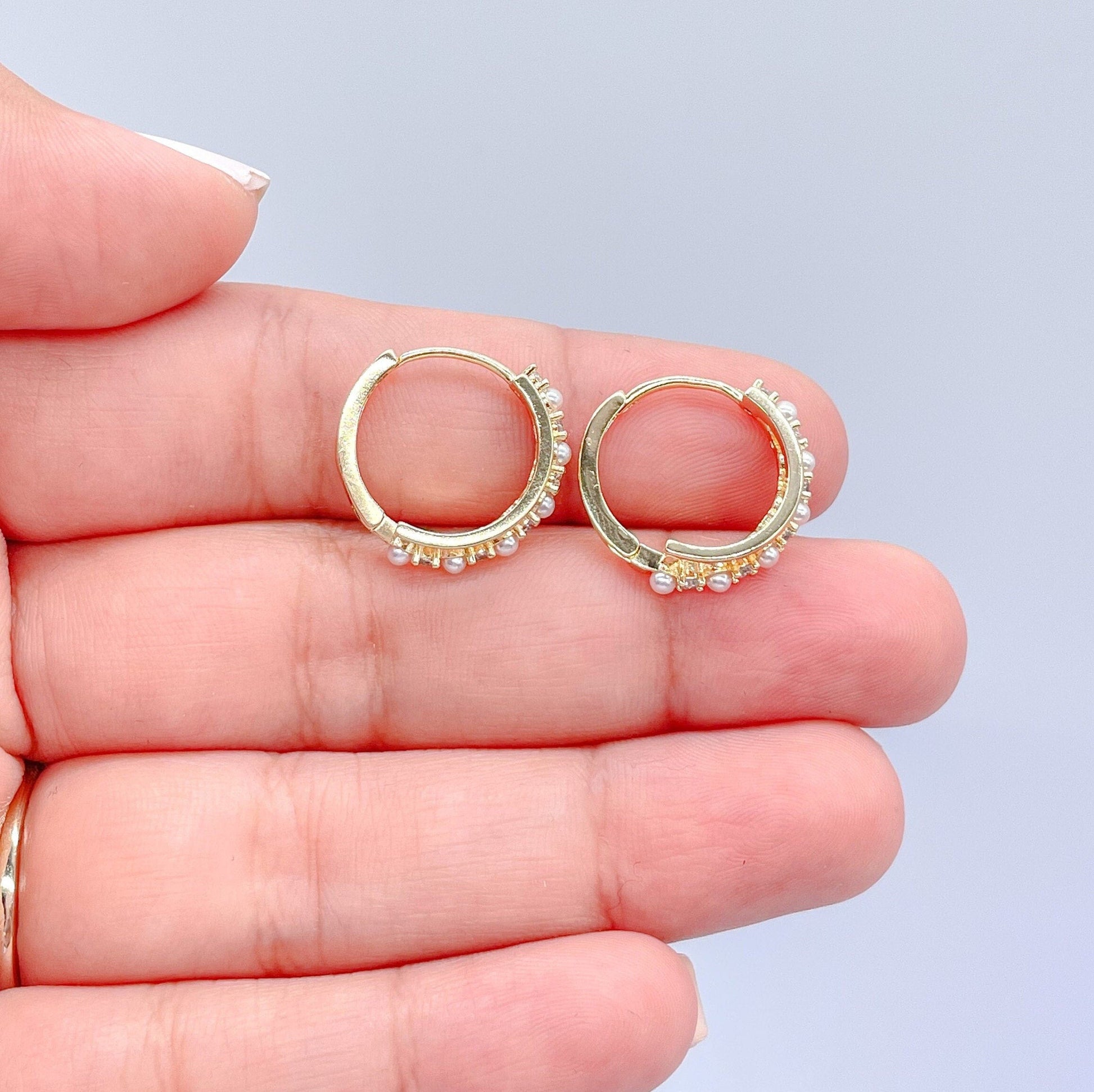18k Gold Filled Double Rowed Hoop Earring With Pearl and CZ & Plain Smooth Rows