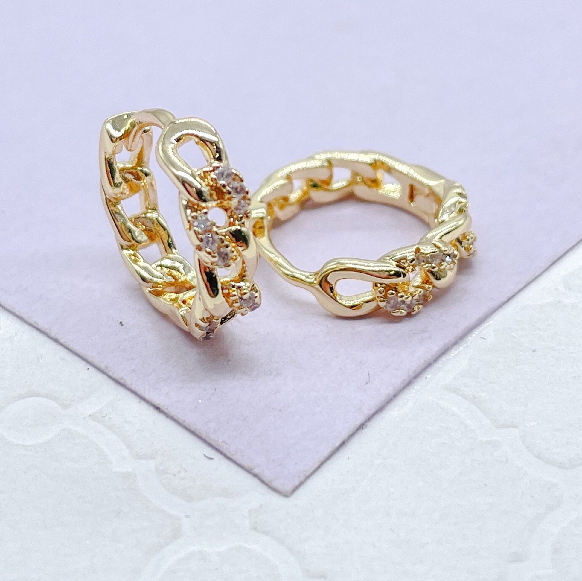 18k Gold Filled Chain Link Huggie Earring With CZ Stones