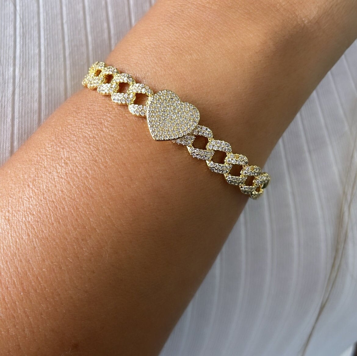 18k Gold Filled Pave Link Cuff Bracelet With Pave Heart & Star Bracelet