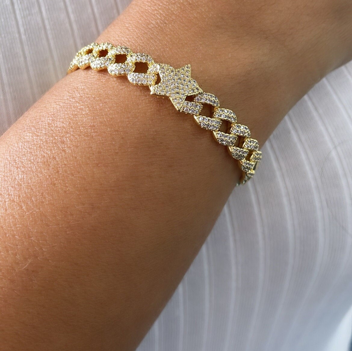 18k Gold Filled Pave Link Cuff Bracelet With Pave Heart & Star Bracelet
