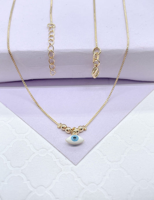 18k Gold Filled Plain Box Chain with Light Blue Evil Eye Charm With Bead Charms