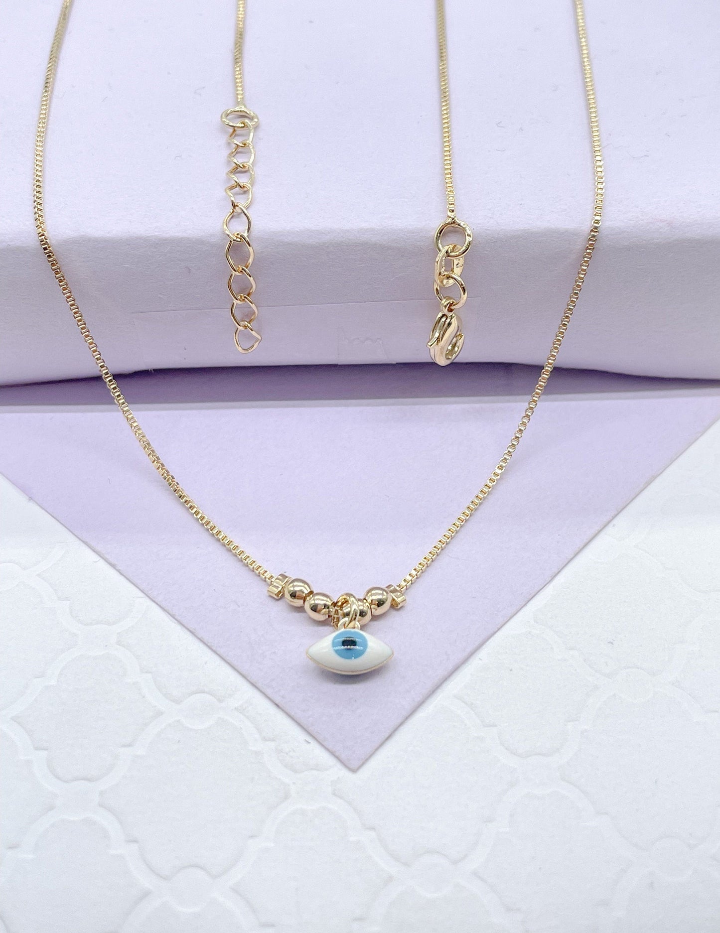 18k Gold Filled Box Chain with Light Blue Evil Eye Charm