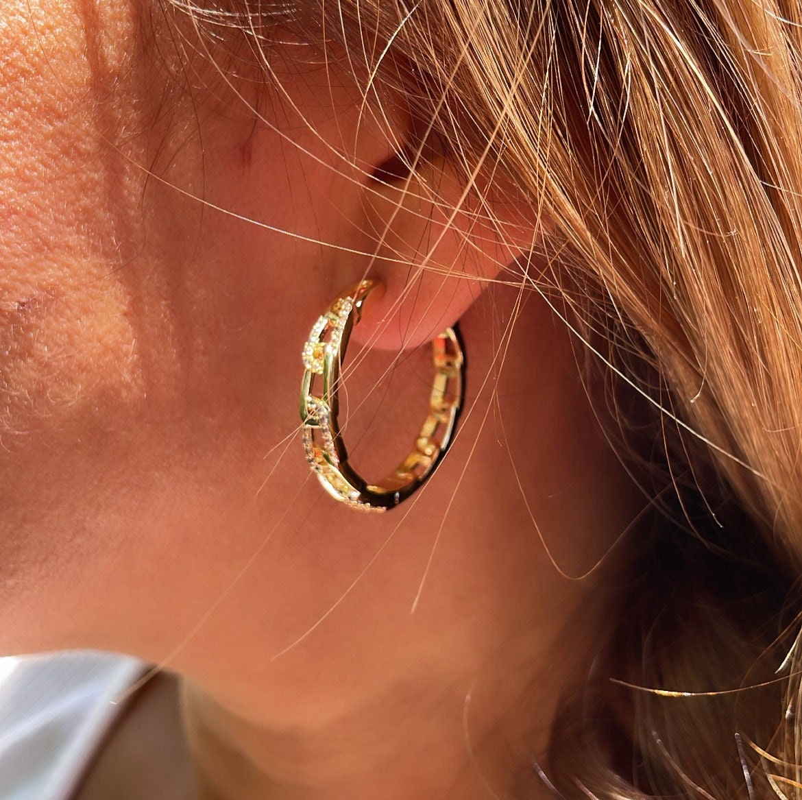 18k Gold Filled Slim Link Hoops Patterned With CZ Stones