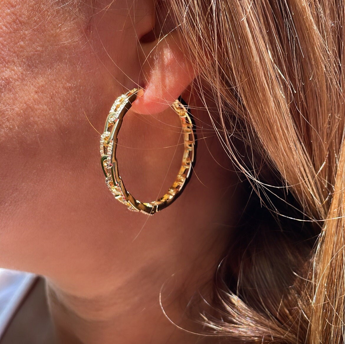 18k Gold Filled Slim Link Hoops Patterned With CZ Stones