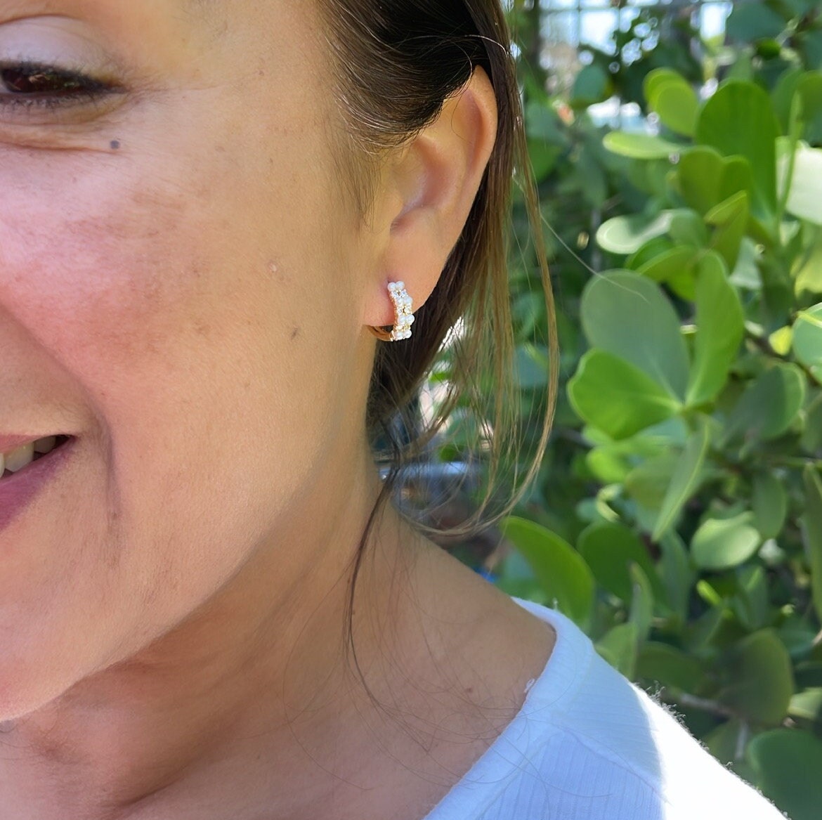 18k Gold Filled Paired Pearl Beaded Earring With Patterned CZ Stone