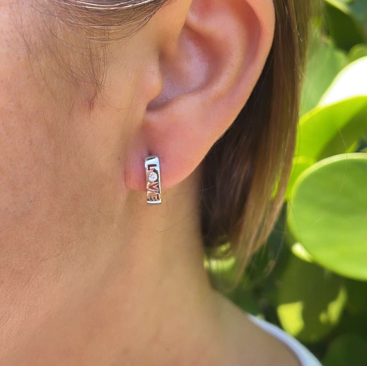 18k Gold Filled & Silver Filled Small “Love” Square Hoop