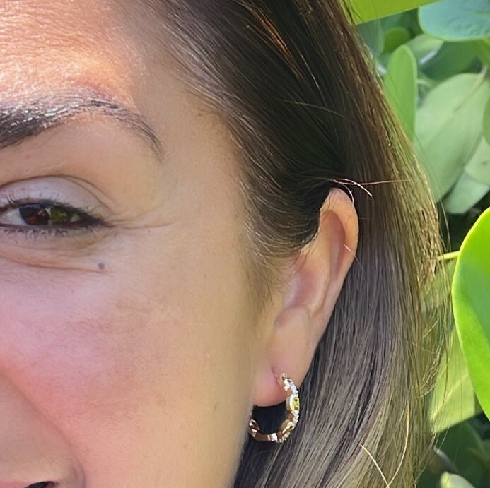 18k Gold Filled Puffy Mariner Curb Link Huggie Hoops With CZ Stones