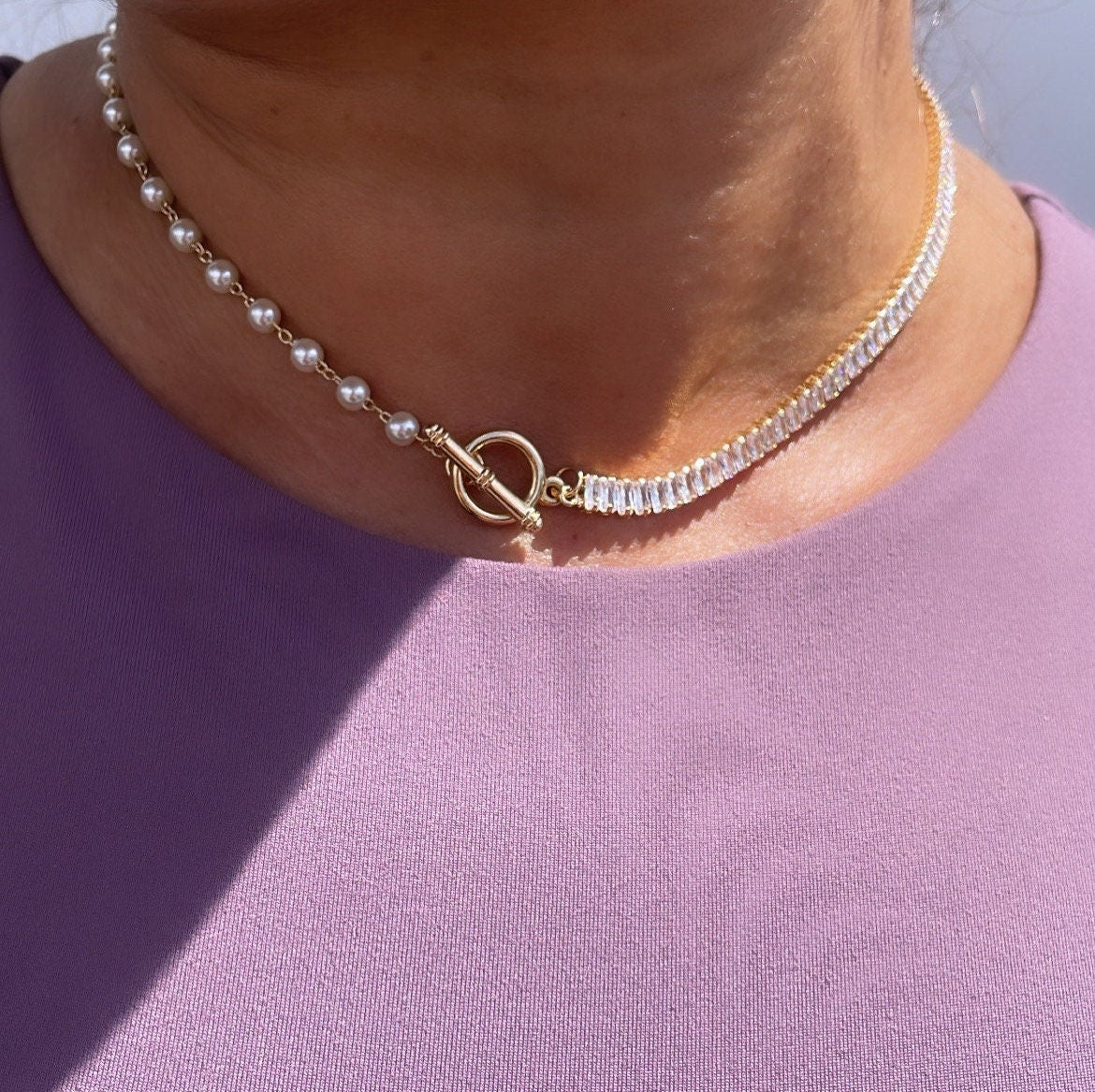 18k Gold Filled Half Baguette Tennis & Half Pearl Necklace Chain Choker