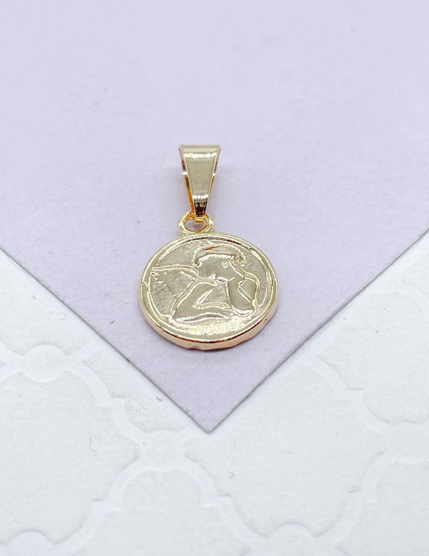 18k Gold Filled Mini Medallion Charm Pendant With engraved Angel