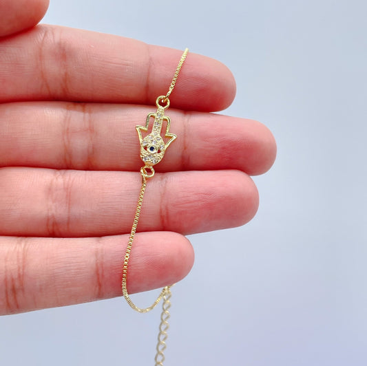 18k Gold Filled Dainty Box Chain Bracelet with CZ Hamza Hand Charm