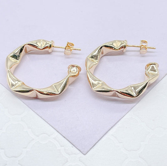 18k Gold Filled Smooth Puffy Open Hoop With Vertial & Horizontal Cut Patterns